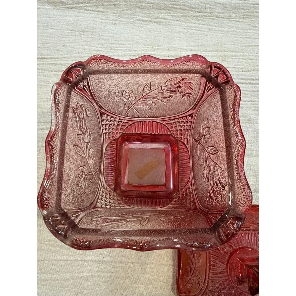 Vintage Ruby Red Glass Candy Dish with Lid Floral Rose Pattern Footed Square 7in